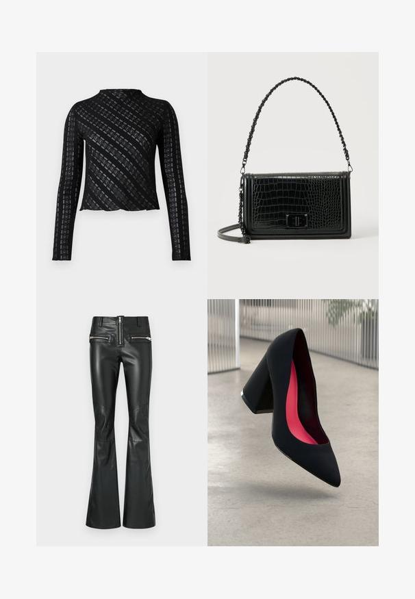 Haut noir à manches longues avec un col montant, présentant un motif texturé de rayures diagonales et des découpes sur toute sa surface. Design court.; Pantalon évasé en cuir noir à taille haute, doté de deux poches zippées à l'avant et de panneaux aux genoux pour un design détaillé.; Chaussure à talon haut noire avec un bout pointu et une tige texturée. Intérieur avec une doublure rose vif. Talon carré avec un accent métallique à la base.; Sac bandoulière en cuir noir à texture crocodile, de forme rectangulaire, avec une bandoulière ornée de chaînes et une fermeture à tourniquet à l'avant.