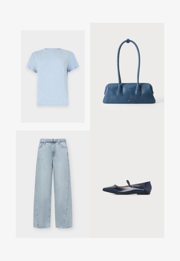 T-shirt bleu clair à manches courtes avec col rond, de couleur unie simple et texture de tissu douce.; Jean en denim bleu clair à jambes larges, taille haute, passants de ceinture, poches avant et ourlet brut.; Chaussure plate en cuir bleu marine avec bout pointu et une fine bride sur le dessus du pied, vue de côté sur fond blanc.; Sac à main en cuir bleu avec de longues anses et une base rectangulaire, sur un fond blanc uni.