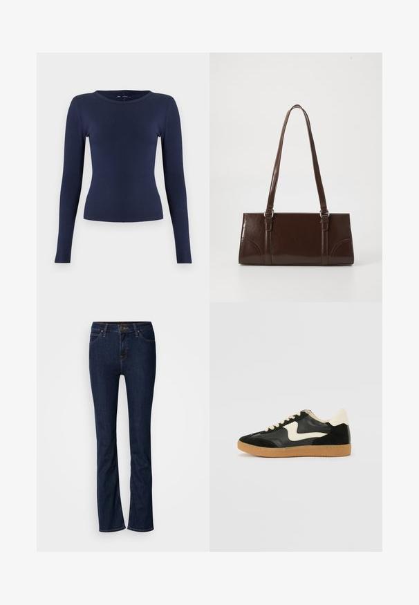 Marineblå langærmet ribstrikket top med rund halsudskæring. Lavet af et elastisk stof, har den en tætsiddende pasform og en glat tekstur.; Mørkeblå denim jeans med lige ben-design, fem-lomme stil og lys syning. Linningen har en metal-knap lukning.; Sorte ruskinds- og lædersneakers med en cremefarvet side-swoosh og lys cremefarvet hæl. Har beige snørebånd og en gummirubber-sål.; Brun lakeret håndtaske med rektangulær form, to lange håndtag og subtile buede detaljer på fronten.