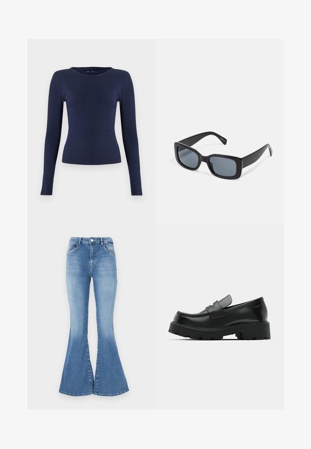 Top azul marino de manga larga con cuello redondo y tejido acanalado. Fabricado con una tela elástica, tiene una forma ajustada y una textura suave.; Jeans de mezclilla azules acampanados con cintura alta, diseño de cinco bolsillos y un leve desgaste. Presentan un cierre de botón y trabillas para cinturón.; Mocasines de cuero negro con suela gruesa y texturizada, que presentan una correa sobre el empeine y un acabado suave y pulido.; Gafas de sol rectangulares negras con lentes oscuros, montura de plástico grueso y patillas anchas. Superficie lisa y diseño anguloso.
