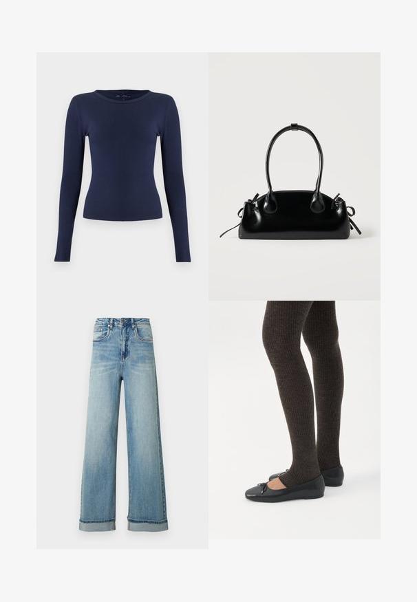 Haut bleu marine à manches longues en tissu côtelé avec un col rond. Confectionné dans un tissu extensible, il présente une coupe ajustée et une texture lisse.; Jean en denim bleu clair à jambes larges et taille haute, doté de cinq poches, d'une braguette zippée et d'ourlets retroussés. Le tissu présente une texture légèrement usée.; Jambes portant des leggings côtelés foncés associés à des ballerines noires avec de petits détails en nœud sur fond blanc.; Petit sac à main noir brillant avec deux longues anses et des détails à cordon sur les côtés sur un fond clair uni.
