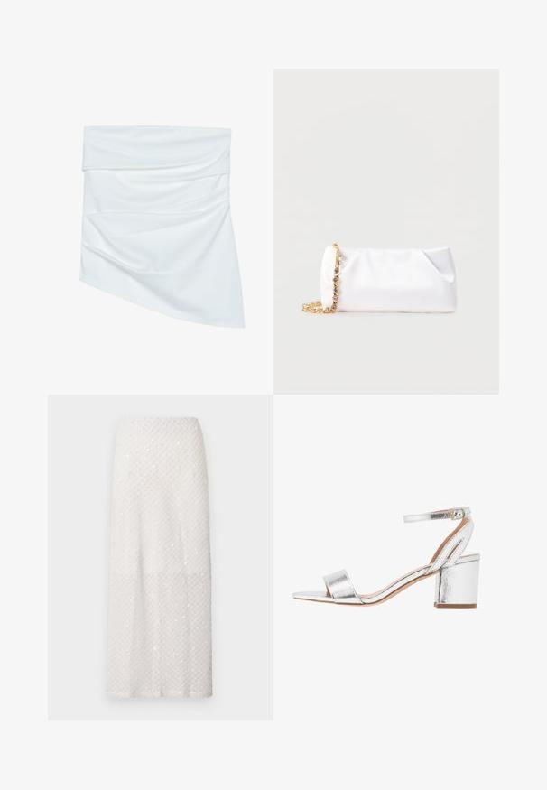 Jupe mini en tissu blanc avec un design drapé, présentant une texture douce et une forme asymétrique, plissée à la taille pour un style supplémentaire.; Longue jupe blanche avec un motif discret en losanges et de petits sequins éparpillés, présentée sur un fond gris uni.; Sandale à talon en métal argenté avec une large bride sur l'avant, une bride à la cheville et un talon carré. Texture lisse avec une finition brillante et un design minimaliste.; Pochette souple blanche avec bandoulière chaîne dorée ornée de pierres précieuses transparentes, sur fond gris clair uni.