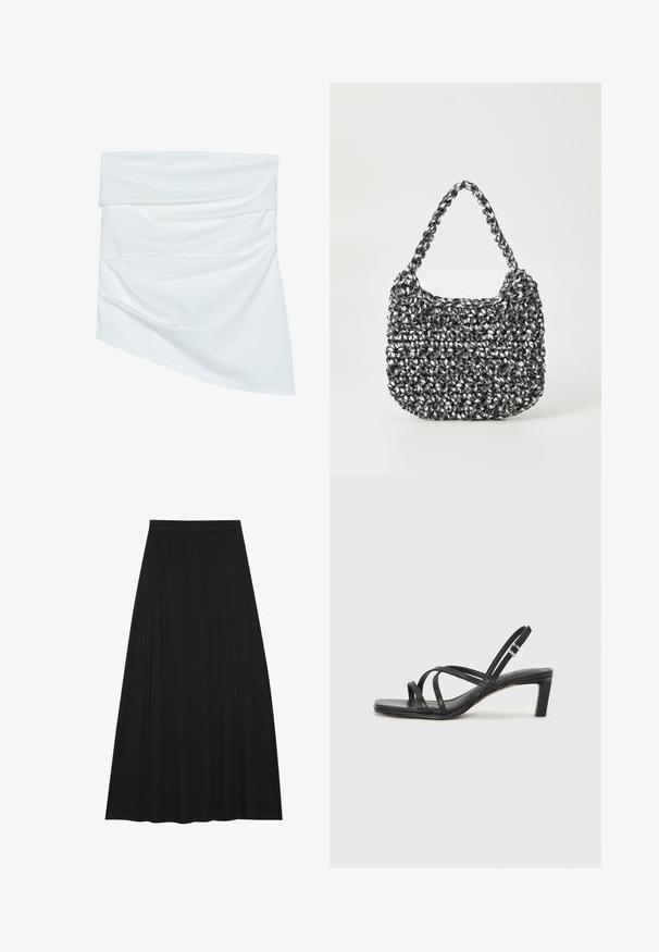 Jupe mini en tissu blanc avec un design drapé, présentant une texture douce et une forme asymétrique, plissée à la taille pour un style supplémentaire.; Jupe maxi noire en tissu doux et fluide. Elle présente une taille élastique et une silhouette évasée en A avec une texture lisse.; Sandale noire à lanières avec un bout carré et un petit talon bloc. Elle présente plusieurs fines lanières et une sangle de cheville ajustable. Fabriquée en cuir lisse.; Sac en osier noir et blanc de forme arrondie, avec une surface texturée et une poignée tressée. Convient à un usage décontracté.