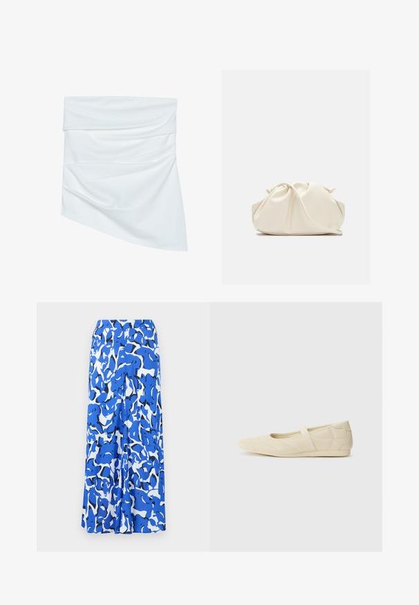 Witte stoffen mini-jurk met een gedrapeerd ontwerp, voorzien van een zachte textuur en asymmetrische vorm, geplooid bij de taille voor een extra stijlvol effect.; Lange rok met een blauw-wit abstract patroon, lichtgewicht stof, brede tailleband en een rechte silhouet met zijsplitsingen.; Beige ballerina's met een gladde leren buitenkant, amandelvormige punt en elastische band over de wreef, met subtiele stiksels.; Zachte, crèmekleurige leren clutch met geplooid, gerimpeld ontwerp en een dunne schouderriem die vooraan op een effen achtergrond ligt.
