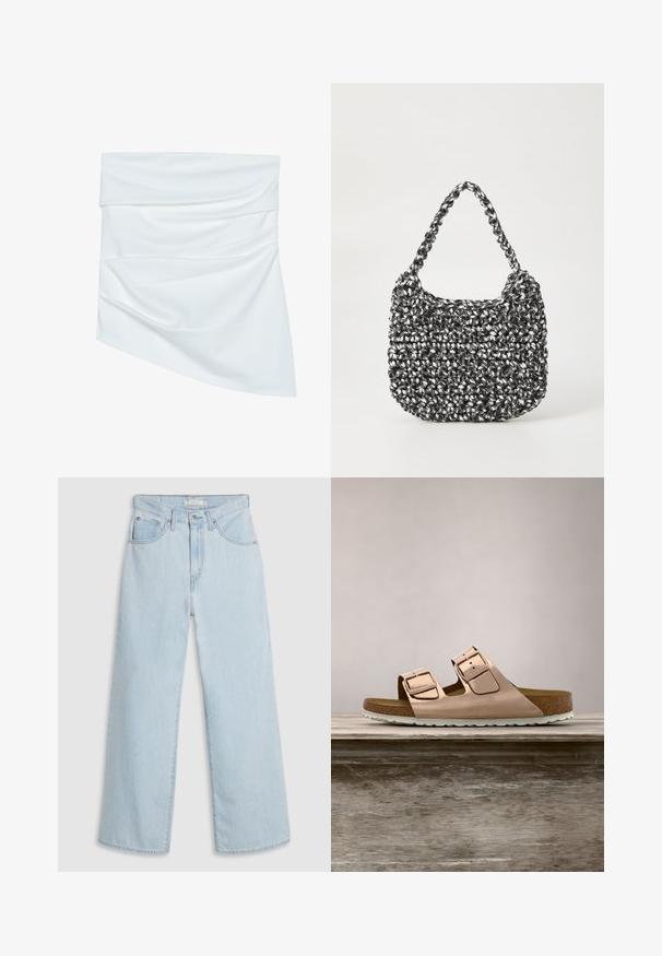 Witte stoffen mini-jurk met een gedrapeerd ontwerp, voorzien van een zachte textuur en asymmetrische vorm, geplooid bij de taille voor een extra stijlvol effect.; Lichtblauwe, wijde denim jeans met een hoge taille, voorzien van een knoop- en ritssluiting, dubbele voorzakken en subtiele stikseldetails.; Roze-gouden slidersandalen met twee verstelbare metalen gespen, kurken voetbed en witte rubberen zool. Gladde metalen afwerking, open teen ontwerp.; Geweven handtas in zwart en wit met een ronde vorm, gestructureerd oppervlak en een gevlochten handvat. Geschikt voor dagelijks gebruik.