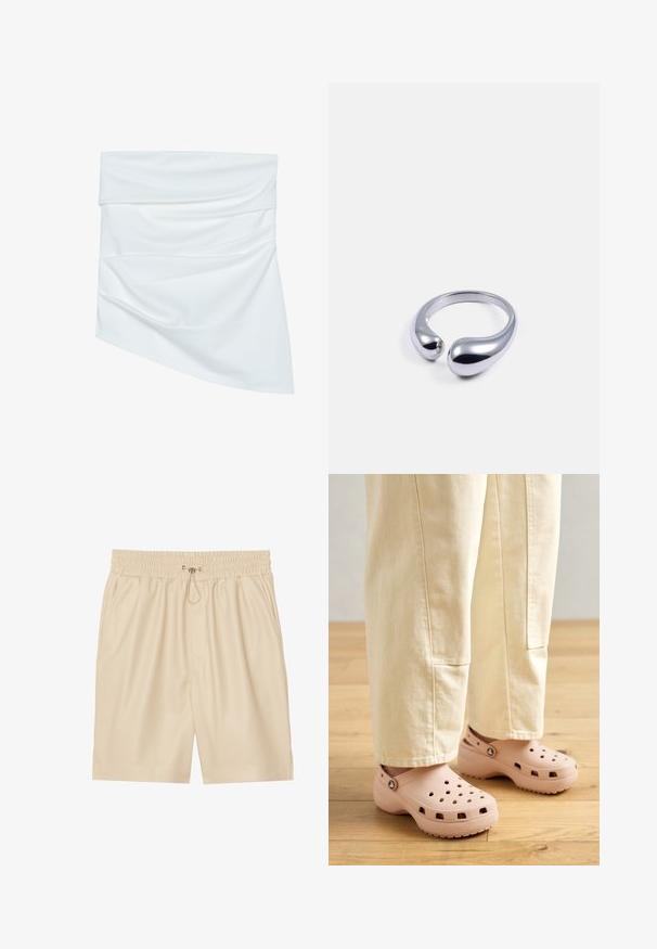 Witte stoffen mini-jurk met een gedrapeerd ontwerp, voorzien van een zachte textuur en asymmetrische vorm, geplooid bij de taille voor een extra stijlvol effect.; Beige nepleer shorts met een elastische tailleband en trekkoord. Voorzien van zijzakken en een relaxte pasvorm. Gladde textuur.; Lichtroze klompen van rubber, met ventilatiegaten, een gevormde pasvorm en een geprofileerde zool voor grip. Draagt in combinatie met lichtbeige broek.; Zilveren metalen ring met een gladde, gepolijste oppervlakte; heeft twee bolvormige uiteinden die een open ontwerp creëren. Ronde binnenkant.