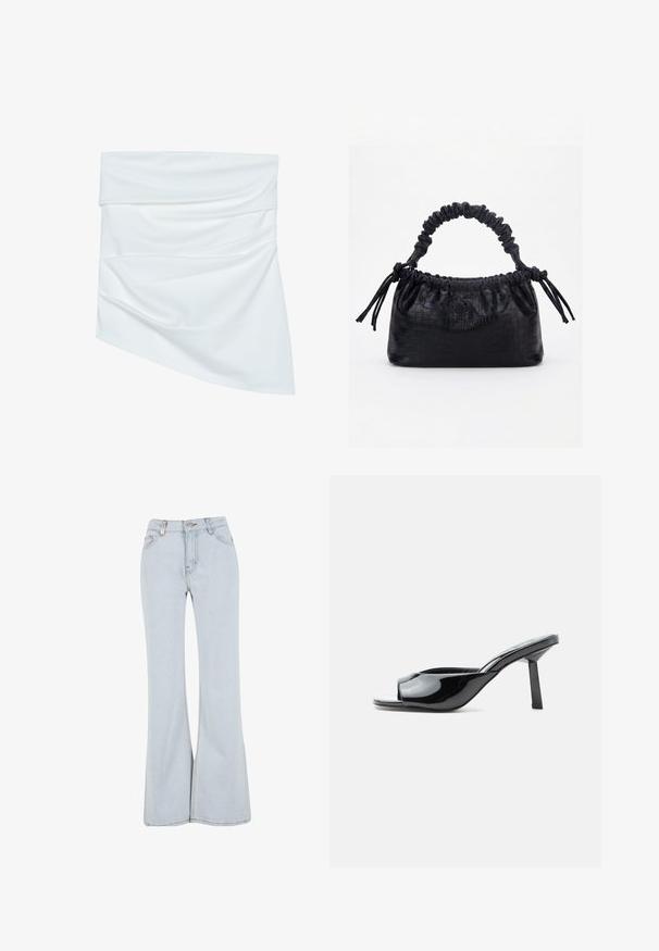 Hvidt stof mini nederdel med draperet design, som har en blød tekstur og asymmetrisk form, foldet ved taljen for ekstra stil.; Lyseblå udsvingende jeans lavet af denim med høj talje, fem lommer og kontrasterende syninger langs sømmene.; Blank sort åben tå mule med en firkantet mellemhøj hæl og en buet rem over fronten på hvid baggrund.; Sort taske med krokodilletekstur, rynket øverste kant, samlet hank og snore med kvaster på hver side mod en hvid baggrund.