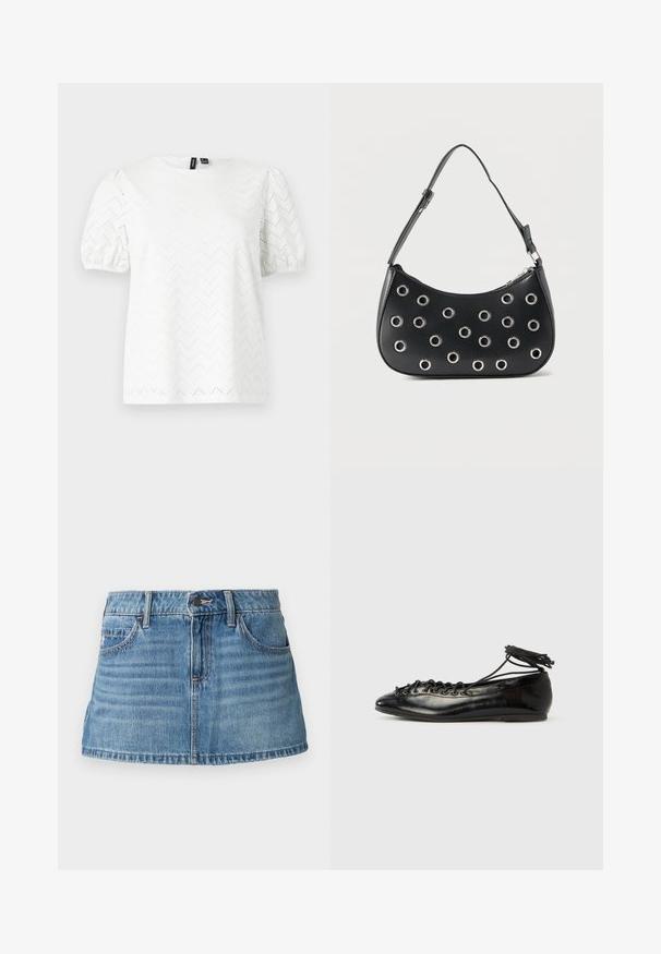 Blouse blanche à manches courtes bouffantes avec un motif œillet en chevrons, col rond et bas de manches élastiqués.; Jupe mini en denim clair avec un design structuré. Comprend des poches avant, des passants de ceinture et un léger dégradé pour ajouter de la texture.; Ballerines en cuir verni noir avec un bout rond, un design à lacets et une semelle plate. Texture lisse avec peu de détails.; Sac d'épaule en cuir noir avec bandoulière réglable, orné d'œillets en métal argenté et fermeture éclair supérieure.