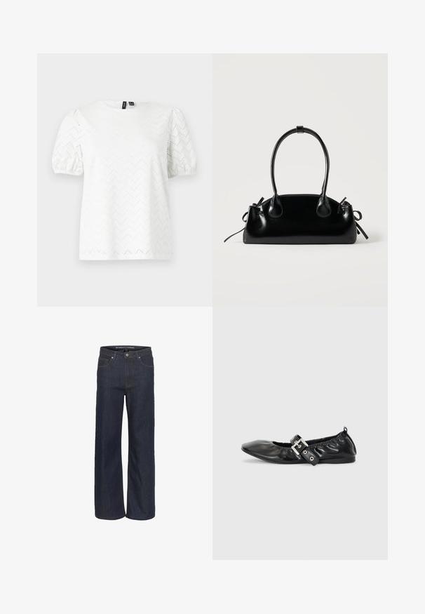 Witte blouse met korte mouwen, geplooide mouwen en een chevron-gaatjespatroon, ronde halslijn en elastische mouwzomen.; Donkerdenim wijde pijpen jeans met een hoge taille, voorzien van vijf zakken, contrasterende stiksels en een ruwe zoom aan de onderkant.; Zwarte leren platte schoen met een spitse neus, geplooide details rond de opening en een zilveren gespaccentueerde verstelbare band.; Kleine zwarte glanzende handtas met twee lange hengsels en zijkant trekkoord details op een effen lichte achtergrond.