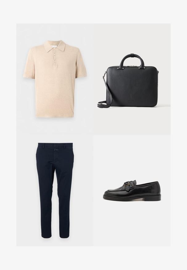 Beiges Poloshirt mit kurzen Ärmeln, drei Knöpfen und klassischem Kragen, aus einem weichen, leichten Stoff.; Navyblaue Baumwollchinos mit slim Fit, flachem Vorderteil und Reißverschluss. Verfügt über seitliche Taschen und eine Gesäßtasche mit einem kleinen Markentag.; Schwarze Leder-Lederschuhe mit abgerundeter Zehenpartie und dekorativem Schnallenakzent. Flacher, solider Absatz und durchgehend glatte Oberfläche.; Schwarze, strukturierte Leder-Aktentasche mit Doppelgriffen, abnehmbarem Schulterriemen und oberem Reißverschlussverschluss auf hellem, einfarbigem Hintergrund.