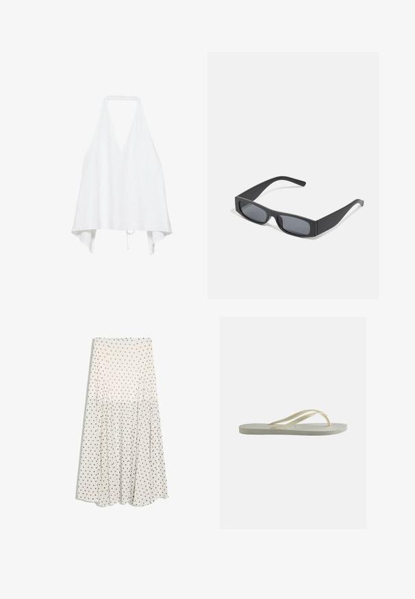 Hvid ærmeløs halter-top med dyb V-hals og løs, asymmetrisk kant, fastgjort ved halsen og med bånd i taljen.; Hvid midi-nederdel med sorte polkaprikker, udvidet design og højtaljet, vist på en ensfarvet hvid baggrund.; Enkelt off-white gummiflipper med tynde remme og tekstureret fodseng set fra siden på ensfarvet baggrund.; Sorte rektangulære solbriller med mørke linser og tykke matte stel. Armen er let tilspidset med en glat overflade.