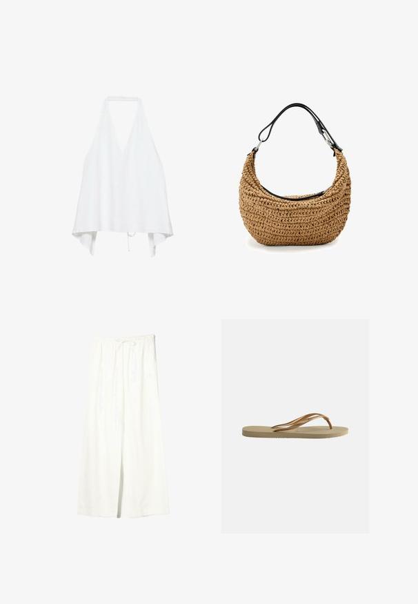 Haut blanc sans manches à col licou avec un décolleté en V profond et un ourlet lâche et asymétrique, fixé au col et avec une ceinture à la taille.; Pantalon en lin blanc à jambes larges avec taille élastique et cordon de serrage, doté de poches latérales et d'une fente à l'avant.; Tongs beige avec semelle texturée et brides métalliques bronze en forme de Y sur fond blanc uni.; Sac à main en paille tissée beige à silhouette courbée, doté d'une bandoulière en cuir noir et d'accents métalliques argentés. Finition texturée.