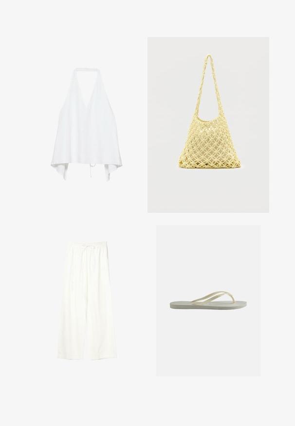 Hvid ærmeløs halter-top med dyb V-hals og løs, asymmetrisk kant, fastgjort ved halsen og med bånd i taljen.; Hvide bukser med vide ben, elastisk talje og snøre, lavet af letvægtsstof.; Enkelt off-white gummiflipper med tynde remme og tekstureret fodseng set fra siden på ensfarvet baggrund.; Gul makramé-nettaske med lang rem og beige pose indeni, vist på en ensartet hvid baggrund.