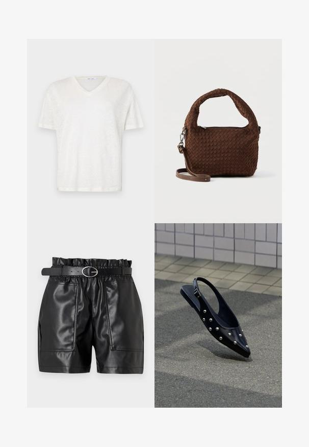 Camiseta blanca de cuello en V, hecha de un tejido ligero y texturizado. Presenta mangas cortas y un corte relajado. Dobladillo liso, diseño simple.; Pantalones cortos de cuero sintético negro con una cinturilla elástica, una textura suave y dos bolsillos frontales, complementados por un cinturón estrecho con hebilla plateada.; Zapato slingback negro puntiagudo con tachuelas plateadas, flotando sobre el asfalto cerca de una pared con azulejos de fondo.; Bolso tejido marrón con un asa redondeada, herrajes plateados y una correa ajustable. Cuenta con cierre de cremallera y superficie texturizada.