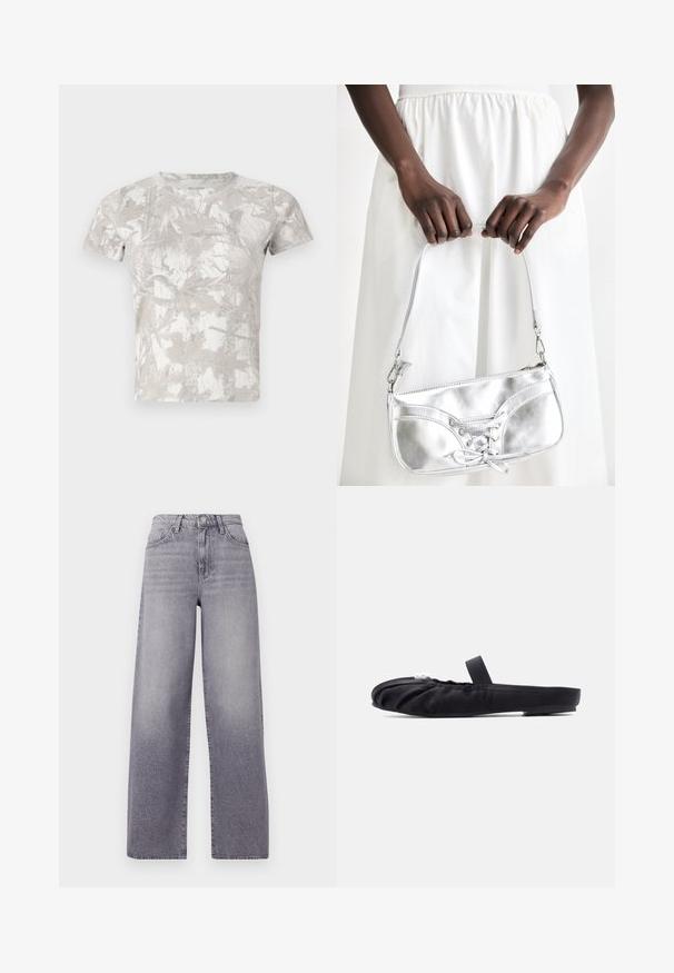 T-shirt met korte mouwen gemaakt van zacht, lichtgewicht stof in grijs met een wit bladerenpatroon; ronde hals; comfortabele pasvorm.; Hoge taille, wijde pijpen jeans van lichtgrijs denim. Voorzien van een klassiek vijf-pocket ontwerp, subtiele vervaging en een metalen knoopsluiting.; Zwart plat muiltje met geraffineerde stoffen bovenkant en een enkele band over de wreef, met kleine witte kralenaccenten bij de teen.; Zilveren metalen handtas met vetersluiting, met een strak ontwerp en een korte schouderriem. De tas wordt vastgehouden in de handen, waardoor de textuur goed tot zijn recht komt.