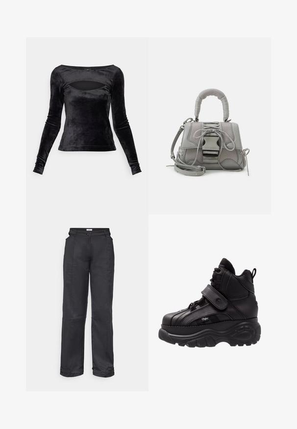 Zwarte lange mouw top gemaakt van zachte fluweel, met een ronde hals en een uitsnijdetail, en een aangesloten silhouet. Gladde textuur overal.; Envii EMBLA PANTS CUT - Broek - black; Zwarte hoge sneakers met een dikke rubberen zool, leren bovenwerk, veters en klittenbandsluitingen, en gedetailleerde zijkanten met textuur.; Grijze handtas met textuur, voorzien van een gevoerde handgreep, gaasaccenten, verstelbare schouderband en een sluiting aan de voorkant. Compact ontwerp met een ronde vorm.