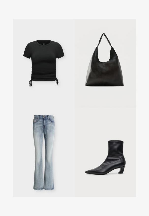 T-shirt court noir ajusté à manches courtes avec côtés froncés noués par des lacets et logo GAP embossé sur la poitrine et le col.; Jean en denim bleu clair taille haute avec une légère évasement en bas et des détails délavés sur le devant des cuisses.; Botte mi-mollet en cuir noir avec bout pointu et talon bas courbé, vue de profil sur fond clair uni.; Sac bandoulière en cuir noir lisse avec une large sangle unique et un design décontracté et minimaliste sur un fond uni.