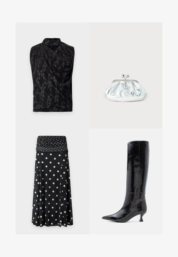 Haut noir sans manches avec un motif floral à reflets subtils, design drapé et col haut. Le tissu semble doux avec une finition texturée.; Jupe noire avec une ceinture froncée et plissée, ornée de pois blancs et d'un design fluide. Fabriquée en tissu léger.; Bottes en cuir noir, montantes jusqu'au genou, avec une finition brillante, un bout pointu et un petit talon carré. Texture lisse, détails de couture minimalistes.; Petit sac pochette métallique argenté avec un design arrondi et froncé, fermeture à clip avec deux boules argentées.