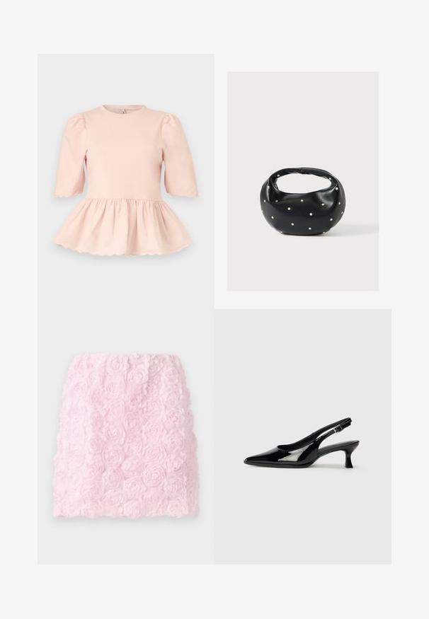Lichtroze blouse met opgeblazen mouwen tot aan de elleboog, een getailleerde taille die een peplumzoom creëert, en met geschulpte randen aan de mouwen en zoom.; Roze mini-rok met een textuurontwerp en gelaagde stoffen bloemen. Het oppervlak is zacht en gedetailleerd, wat een driedimensionaal bloemeneffect geeft.; Zwarte lakleren slingback schoenen met een spitse neus en een lage blokhak. Verstelbare gespband bij de enkel.; Zwarte leren handtas met een afgeronde vorm, versierd met zilveren studs, en een korte handgreep. Gladde textuur en ritsluiting.