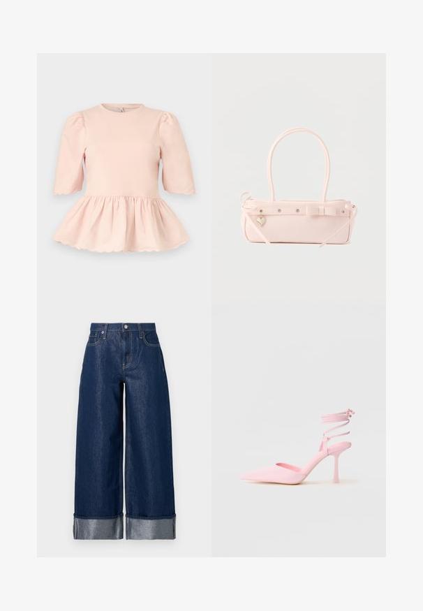 Blusa rosa claro con mangas abullonadas hasta el codo, cintura fruncida que crea un dobladillo de vuelo y bordes festoneados en las mangas y el dobladillo.; Pantalones vaqueros de mezclilla azul oscuro de pierna ancha con cintura alta, diseño de cinco bolsillos y puños doblados que muestran una tela interior más clara.; Zapatos de tacón alto rosas con punta afilada, acabado satinado y tira en el tobillo con detalles entrecruzados. Silueta elegante y tacón fino.; Bolso rectangular de color rosa pálido con doble asa, lazo decorativo, ojales metálicos y un pequeño colgante en forma de corazón sobre un fondo liso.