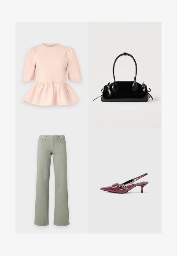 Lichtroze blouse met opgeblazen mouwen tot aan de elleboog, een getailleerde taille die een peplumzoom creëert, en met geschulpte randen aan de mouwen en zoom.; Lichtgroene rechte broek met hoge taille, tailleband, knoop, rits en voor- en achterzakken op een witte achtergrond.; Bordeaux leren slingback schoen met puntige neus, kleine hak en dubbele gespsieraden. Gladde textuur met gestikte details.; Kleine zwarte glanzende handtas met twee lange hengsels en zijkant trekkoord details op een effen lichte achtergrond.