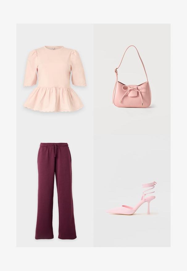 Blusa rosa claro con mangas abullonadas hasta el codo, cintura fruncida que crea un dobladillo de vuelo y bordes festoneados en las mangas y el dobladillo.; Pantalones deportivos granate de pierna ancha con cintura elástica y cordón, bolsillos delanteros, mostrados sobre un fondo claro y liso.; Zapatos de tacón alto rosas con punta afilada, acabado satinado y tira en el tobillo con detalles entrecruzados. Silueta elegante y tacón fino.; Bolso pequeño de hombro color rosa pastel con correa ajustable y detalle de lazo en el frente con extremos dorados sobre un fondo liso.