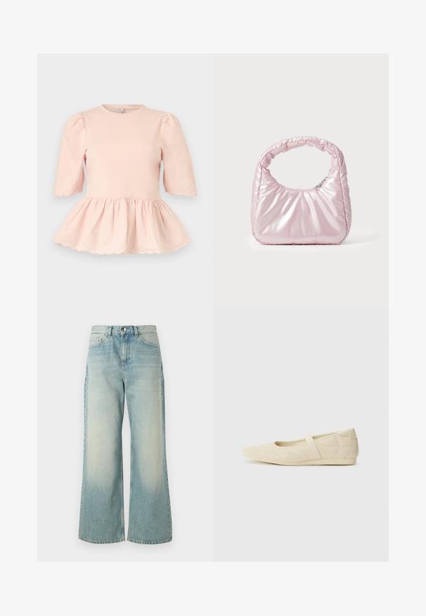 Blouse rose pâle avec manches bouffantes jusqu'au coude, taille froncée créant un ourlet peplum, et bords festonnés aux manches et à l'ourlet.; Jeans en denim bleu clair à jambes larges, présentant un délavage, un design classique à cinq poches et une fermeture à bouton à l'avant.; Ballerines beiges avec une exterior en cuir lisse, un bout en forme d'amande et une sangle élastique sur le coup de pied, avec des détails de couture subtils.; Sac à main rose rembourré avec un design arrondi, fabriqué à partir d'un matériau brillant. Dispose d'une poignée froncée et d'une fermeture éclair pour un accès sécurisé.