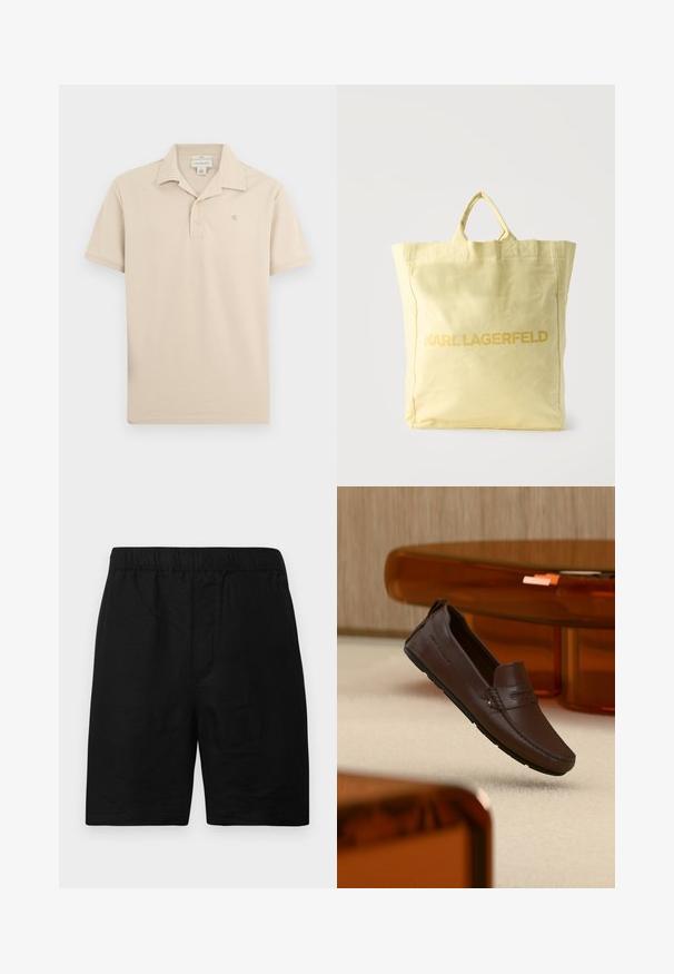 Beige kortærmet polo med to-knaps åbning, krave og lille broderet "ck"-logo på venstre bryst.; Sorte shorts med elastisk taljebånd, lavet af et tekstureret stof, med en lige pasform og uden synlige lommer eller detaljer.; Brun læderloafer, der svæver over beige tæppe med moderne glas møbler i ravfarvet i baggrunden.; Lysegul stofindkøbsnet med dobbelte håndtag og mærkenavnet "KARL LAGERFELD" trykt med fede bogstaver på fronten.