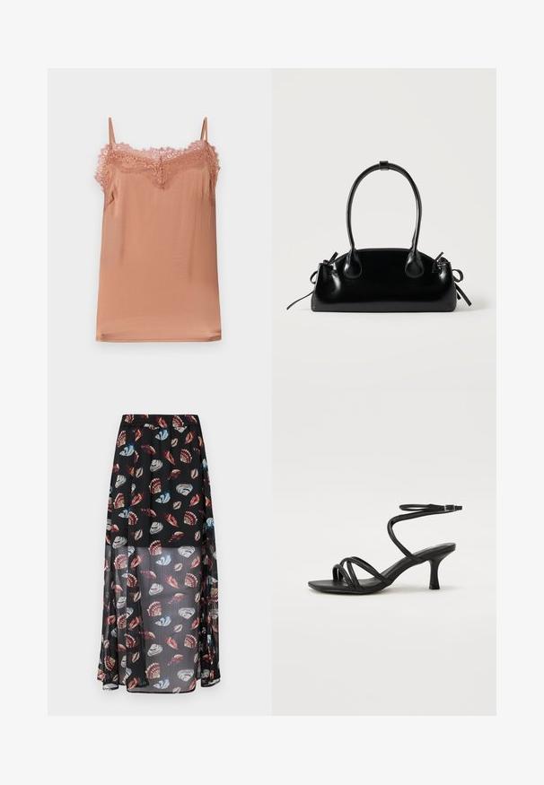 Cami-top in zachte rozenstof, met verstelbare bandjes en een kantafwerking langs de halslijn. Gladde textuur met een relaxte pasvorm.; Zwarte, doorschijnende maxi rok met een elastische tailleband, versierd met een kleurrijke schelp- en vlinderprint. Lichtgewicht, luchtige stof.; Even&Odd Wide Fit Sandalen - black; Kleine zwarte glanzende handtas met twee lange hengsels en zijkant trekkoord details op een effen lichte achtergrond.