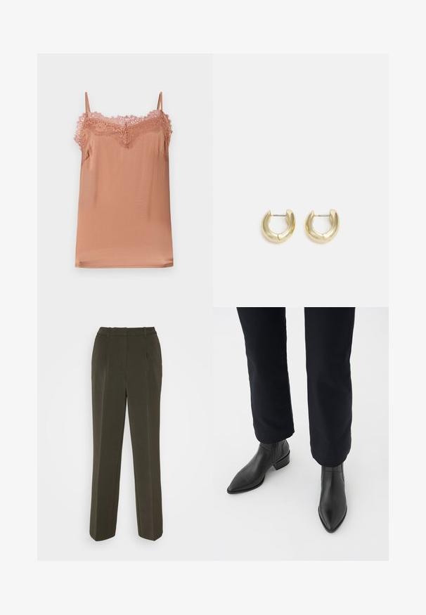 Cami-Top aus einem weichen rosafarbenen Stoff, mit verstellbaren Trägern und einer Spitzenverzierung am Ausschnitt. Glatte Textur mit lockerer Passform.; Vero Moda VMISABEL WIDE PANT - Stoffhose - peat; Schwarze Leder-Stiefeletten mit spitzem Zehenbereich, Blockabsatz und strukturierten Seitenpaneelen, kombiniert mit dunklen Hosen vor einem weißen Hintergrund.; Goldfarbene Creolen mit einer glatten, polierten Oberfläche. Sie haben eine halbkreisförmige Form und einen sicheren Stiftverschluss.