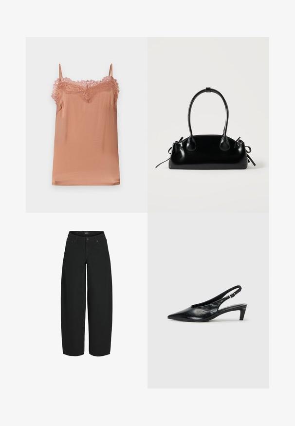 Cami-top i blødt rose stof, med justerbare stropper og en blondekant langs udskæringen. Glat tekstur med en afslappet pasform.; Sorte vidde-korte jeans med knap- og lynlåslukning foran, lommer foran og bagpå samt mærket bæltelabel.; Sort læder slingback hæl med spidse tæer, lav kitten hæl og justerbar spænde-bånd. Glat tekstur med minimal dekor.; Lille sort blank håndtaske med to lange håndtag og snøre-detaljer i siden på en ensfarvet lys baggrund.