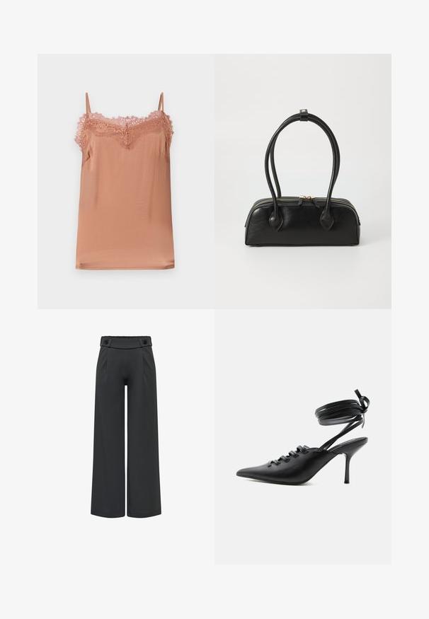 Top tipo cami en suave tela rosa, con tirantes ajustables y un borde de encaje en el escote. Textura suave con un corte relajado.; Pantalones negros de pierna ancha con cintura alta y detalles de botones en la cinturilla, costura delantera y dobladillo recto.; Zapato de tacón alto negro con punta puntiaguda, con cordones en la parte delantera y correas que rodean el tobillo atadas con un lazo, mostrado de lado sobre un fondo blanco.; Bolso de mano de cuero negro con dos asas alargadas, cierre de cremallera y forma redondeada; textura suave con un acabado ligeramente brillante.