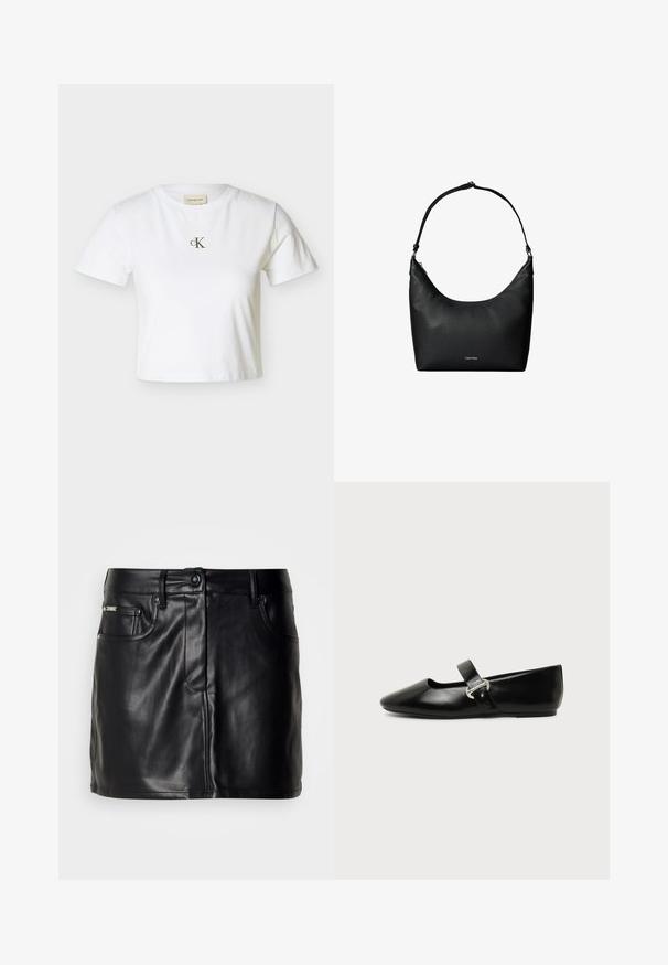 Hvid kortærmet crop-top T-shirt med lille sort "cK"-logo placeret midt på brystet og rund halsudskæring.; Sort læder mini-nederdel med skræddersyet design, der har forlommer, knaplukning og en glat overflade.; Sort læder Mary Jane-flad sko med rundet tå og sølvspænde på ensfarvet baggrund.; Sort tekstureret læder skuldertaske med en enkelt rem og et lille Calvin Klein-logo foran i midten.