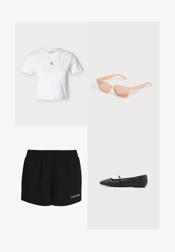 T-shirt blanc court à manches courtes avec petit logo noir "cK" centré sur la poitrine et col rond.; Shorts à taille élastique noire avec cordon de serrage et logo Calvin Klein blanc sur la partie inférieure de la jambe droite.; Chaussure plate noire à bout pointu avec motifs géométriques matelassés et une fine bride sur le cou-de-pied sur fond uni.; Lunettes de soleil rectangulaires couleur pêche clair avec montures épaisses et verres teintés assortis sur un fond uni clair.