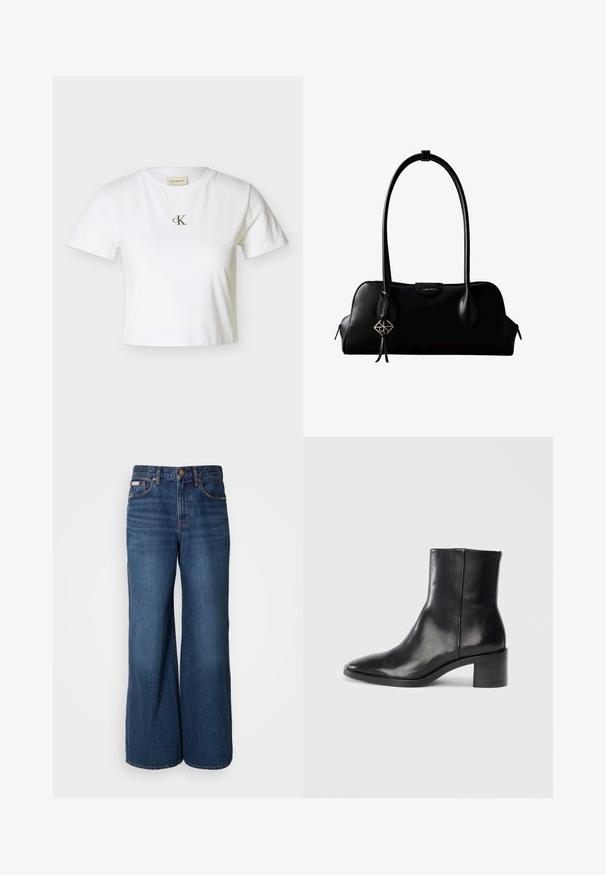 Hvid kortærmet crop-top T-shirt med lille sort "cK"-logo placeret midt på brystet og rund halsudskæring.; Bredde jeans lavet af mørkeblåt denim. Funktioner inkluderer en høj talje, fem lommer og kontrasterende orange syninger langs sømmene.; Sorte læderankelstøvle med spids tå, lav blokhæl og subtilt præget logo. Glat tekstur med et elegant design og minimal søm.; Sort lædertaske fra Calvin Klein med lange håndtag, en forside-logo-tag og en sølv geometrisk vedhæng, der hænger fra det ene håndtag.