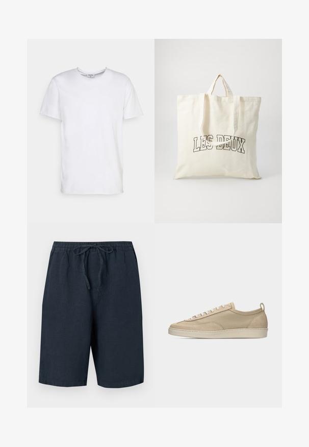 Hvid kortærmet t-shirt lavet af bomuld. Har en rund halsudskæring og en afslappet pasform uden synlige mønstre eller detaljer.; Mørkeblå linnedshorts med elastisk talje og justerbar snor. Har sidelommer og en afslappet pasform.; Beige lavtop sneakers med overdel i stof og ruskind, hvide snørebånd, gummisål og hælstrækkehank, vist i sideprofil på hvid baggrund.; Canvas tote bag i off-white, med korte håndtag og teksten "LES DEUX" trykt i fede sorte bogstaver. Holdbart, simpelt design.