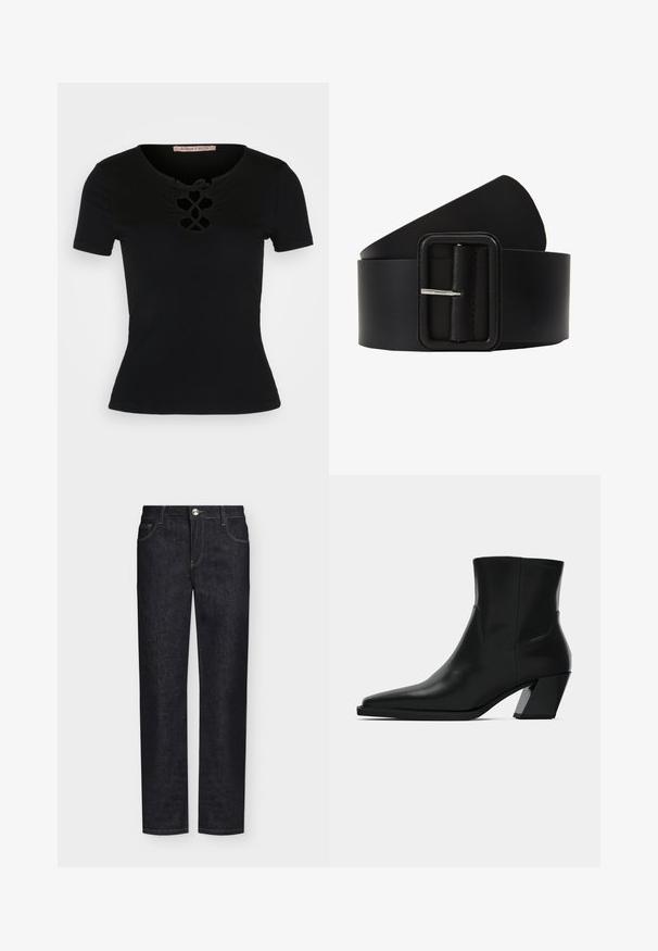 Anna Field T-Shirt print - black; Schwarze Jeans mit geradem Bein, Vordertaschen, Gürtelschlaufen und Knopfverschluss auf einfarbigem Hintergrund.; Schwarze Leder-Stiefelette mit spitzem Zeh, schlanker Silhouette und klobigem quadratischem Absatz. Glatte Textur mit minimalen Nähdetails.; Schwarzer Ledergürtel mit einer rechteckigen silbernen Schnalle, glatter Textur und zulaufendem Ende. Das Design ist einfach und funktional.