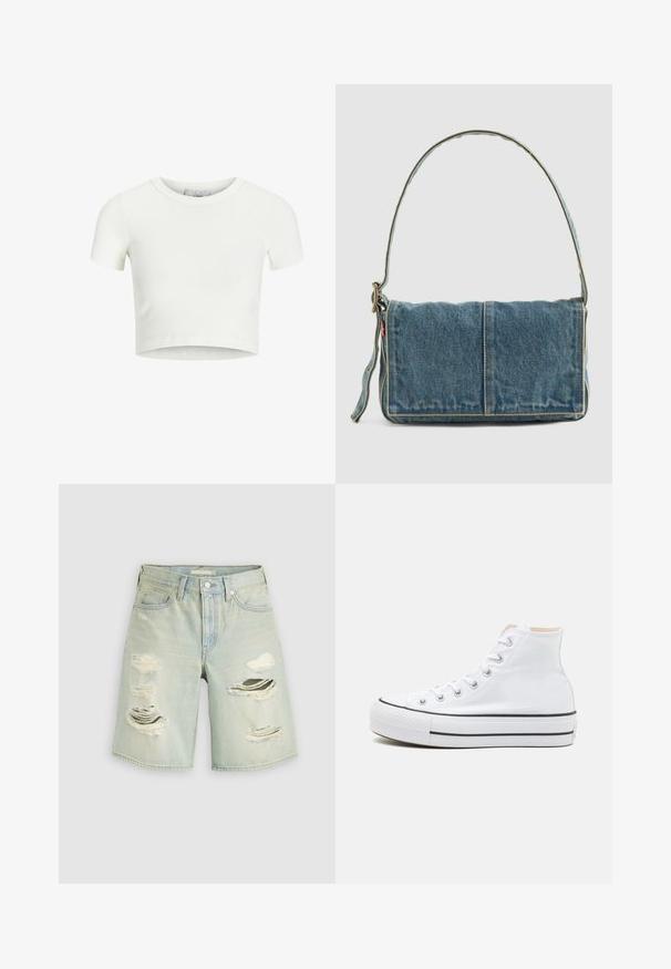 T-shirt blanc coupé, en tissu côtelé. Présente un col rond et des manches courtes. Texture lisse avec une coupe ajustée.; Short en denim bleu clair avec plusieurs grandes déchirures usées à l'avant et une fermeture à bouton à la taille.; Baskets montantes blanches en toile, semelle en caoutchouc noir et bande noire contrastante sur la semelle intermédiaire. Bout rond et design à lacets.; Sac à épaule en denim avec un design à rabat, couleur bleu clair, couture visible, bandoulière ajustable et accent avec étiquette latérale.