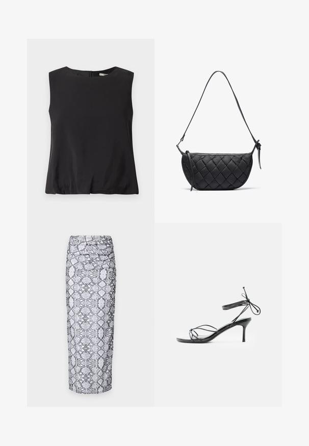 Sort ærmeløs top lavet af glat stof, med rund halsudskæring og en lynlås i ryggen til lukning. Enkel design uden mønstre.; Python print midi nederdel i sort og hvid, med en tætsiddende silhuet og rynket tekstur langs siderne. Glat stoffinish.; Sort højhælet sandal med tynde stropper omkring anklen og en mellemhøj stilethælt på en hvid baggrund.; Sort kviltet håndtaske med en buet form, der har en slank skulderrem og en lynlås. Lavet af blødt, tekstureret materiale.