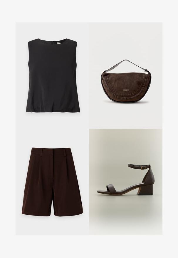 Sort ærmeløs top lavet af glat stof, med rund halsudskæring og en lynlås i ryggen til lukning. Enkel design uden mønstre.; Brune plisserede shorts lavet af letvægtsstof. Har en klassisk talje og sidelommer, med en lige pasform og kantede kanter.; Mørkebrun sandal med lav blokhæl, ankelrem og frontrem over tæerne på en neutral baggrund.; Brun ruskind halv-måne håndtaske med flettede kantdetaljer, kort rem og lille Marc O'Polo logo-plakette foran.