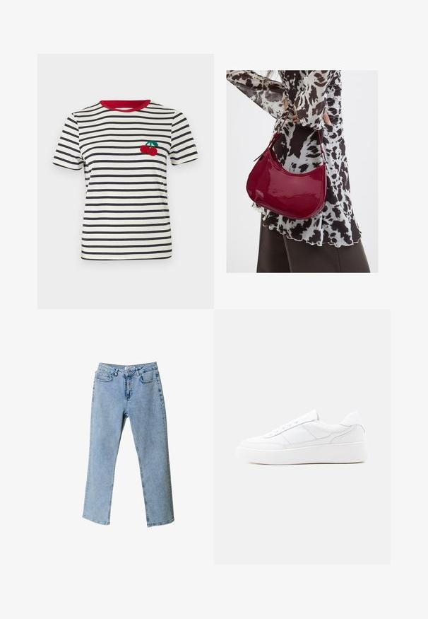 Stribet t-shirt i creme og marineblå med en rød krave. Har et broderet kirsebærdesign på venstre brystområde. Korte ærmer.; Lyseblå denim jeans med lige ben design, fem-lomme stil og en taljebranding. Har lysnede områder for tekstur.; Hvid lavtop-sneaker med tyk sål, snørelukning og diskrete syningsdetaljer på en ensfarvet lys baggrund.; Kvinde iført en sort- og hvidmønstret bluse, der holder en blank rød skuldertaske mod en ensfarvet baggrund.