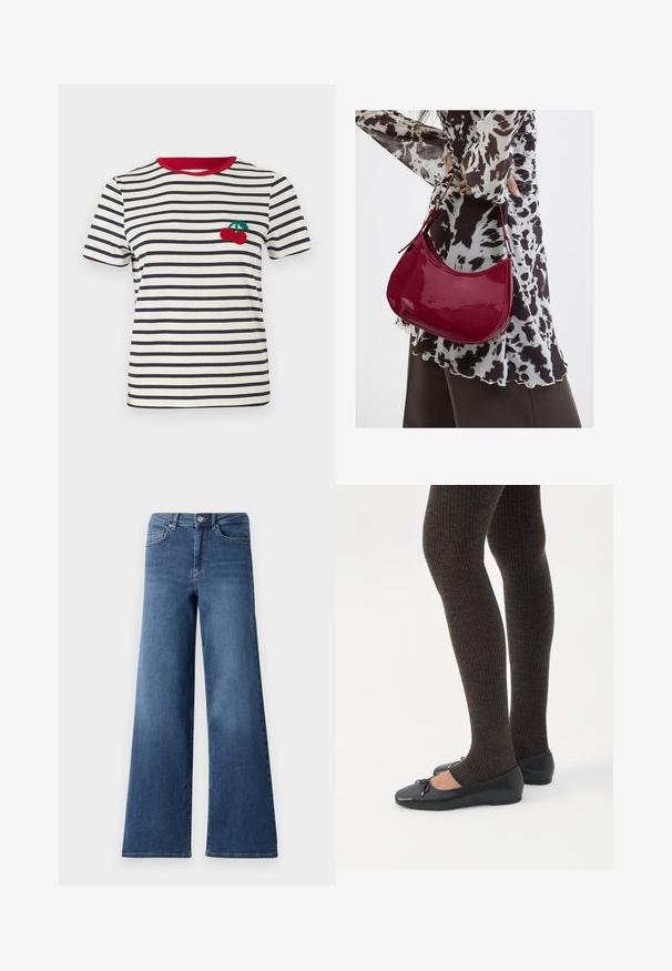 Gestreiftes T-Shirt in Creme und Marineblau, mit einem roten Kragen. Verfügt über ein gesticktes Kirschdesign im linken Brustbereich. Kurze Ärmel.; Breite, blaue Jeans mit weitem Bein, die einen normalen Bund, Vorderaschen und eine glatte Textur aufweisen. Keine sichtbaren Muster oder Verzierungen.; Beine in dunklen, gerippten Leggings kombiniert mit schwarzen Ballerinas mit kleinen Schleifendetails auf weißem Hintergrund.; Frau trägt eine schwarz-weiß gemusterte Bluse und hält eine glänzende rote Schultertasche vor einem einfarbigen Hintergrund.