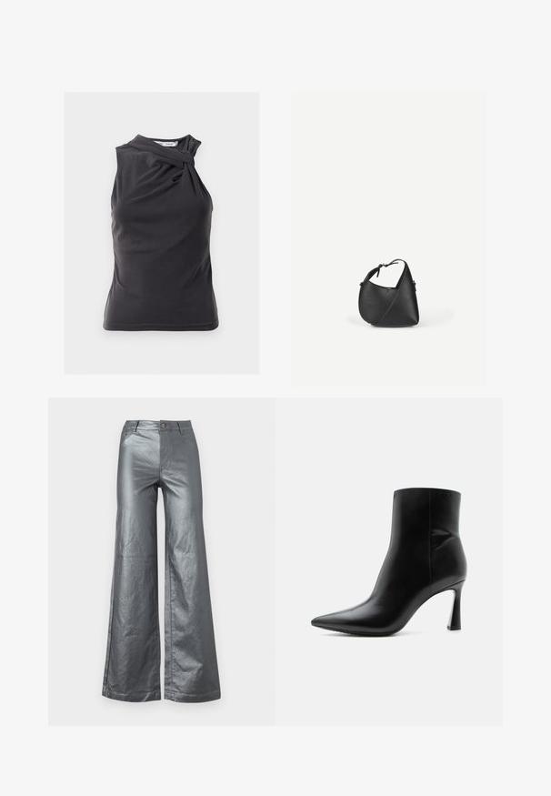 Haut sans manches gris foncé avec un design torsadé à l'épaule, fabriqué à partir d'un tissu lisse avec une coupe ajustée et un ourlet fini.; Pantalons à jambes larges en tissu métallique argenté brillant. Comprend des poches avant, une fermeture à bouton et des ourlets droits. Texture lisse et design épuré.; Bottine en cuir noir avec bout pointu et talon aiguille fin et haut, vue de profil sur fond blanc.; Sac à bandoulière en cuir noir avec une forme triangulaire arrondie et une sangle réglable sur un fond clair uni.