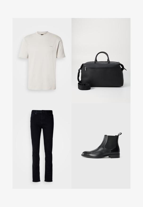 Effen lichtbeige T-shirt met korte mouwen en ronde hals, met een klein "BOSS"-logo geborduurd op de linkerborst.; Zwarte denim jeans met een slim fit, vijf-zakken ontwerp, zichtbare stiksels en een knoopsluiting. Gladde textuur zonder extra patronen.; Zwarte leren enkelboot met elastische zijpanelen, ronde neus en een trekhaak. Gladde textuur, platte zool, minimalistisch ontwerp.; Zwarte leren reistas met twee bovenhandvaten, een afneembare schouderband en een ritsvak aan de voorkant voor extra opbergruimte.