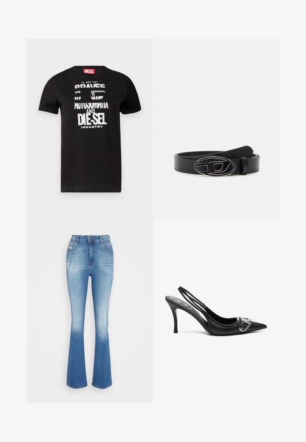 Camiseta negra de algodón con un diseño gráfico único que presenta texto blanco que dice "BRAVES", un recorte detallado y una etiqueta roja en el cuello.; Vaqueros de mezclilla azul claro de pata de elefante con cintura alta, ligero desgaste en los muslos, dos bolsillos frontales y un cierre de botón en la cintura.; Zapatos de tacón alto de charol negros con tira trasera y punta afilada, que presentan un detalle de hebilla plateada brillante y un tacón delgado. Textura de cuero suave, diseño minimalista.; Cinturón de cuero negro con una correa ancha, una hebilla ovalada de plata con diseño geométrico y una textura suave en toda su superficie.