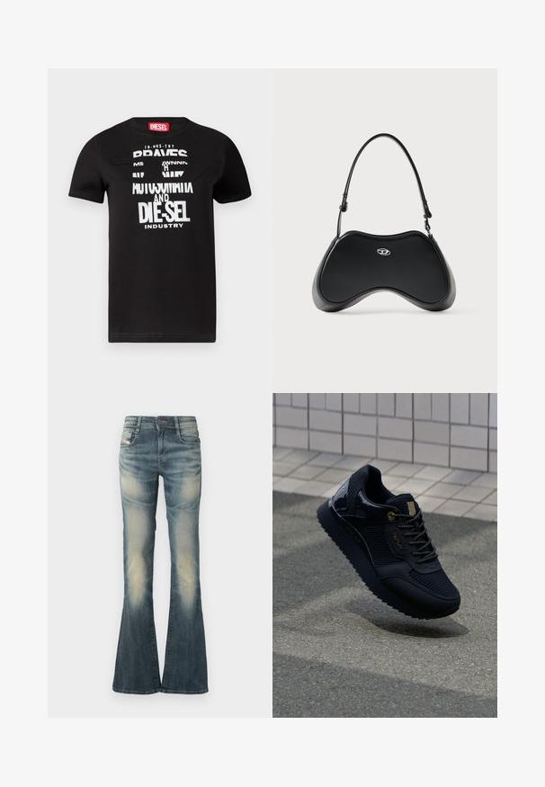 Sort bomulds-t-shirt med unikt grafisk design og hvid tekst, der lyder "BRAVES", detaljeret udskæring og rød label ved nakken.; Denimjeans med vidde i en falmet blå farve med let slid. Har lukning med knapper foran, fem lommer og en talje i mellemhøjde.; Sort sneakers med mesh-overdel, glinsende detaljer, guldfarvet hardware, tekstureret sål og polstret krave for komfort.; Sort håndtaske i kunstlæder med en unik buet form, kort håndtag og et sølvfarvet logodetalje foran. Glat tekstur, minimalistisk design.