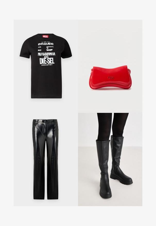 Sort bomulds-t-shirt med unikt grafisk design og hvid tekst, der lyder "BRAVES", detaljeret udskæring og rød label ved nakken.; Sorte faux læderbukser med en højglansfinish, der har en lige benklip, lynlås og fem-lomme design. Glat tekstur, ingen synlige mønstre.; Even&Odd Plateaustøvler - black; Skinnende rød håndtaske med bløde kurver og et lille ovalt logo foran, sat mod en ensfarvet lys baggrund.