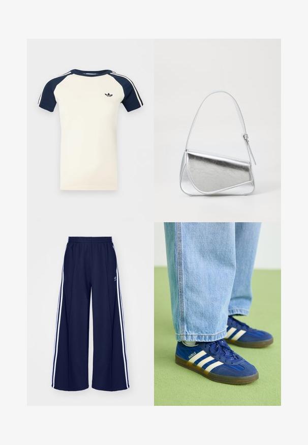 Krémová košeľa s krátkym rukávom a námorníckomodrými raglánovými rukávmi, biele pruhy na rukávoch a malým čiernym logom Adidas na hrudi.; adidas Originals PANT - Tepláky - night indigo; Modré semišové tenisky s bielymi pruhmi a textúrovanými vzormi, obuté s svetlomodrými džínsami, na pozadí zelenej farby.; Strieborná kovová kabelka s trojuholníkovým tvarom, hladkým povrchom a tenkým, nastaviteľným ramenným popruhom. Má preklápací dizajn s prešitím.