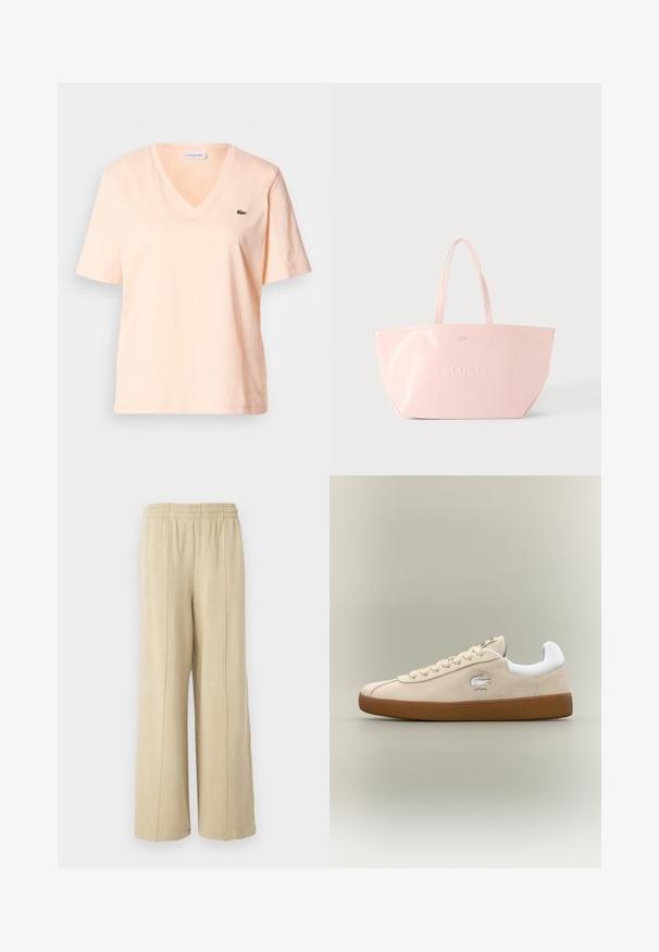 Bleek perzikkleurig V-hals T-shirt van katoen met korte mouwen, met een klein groen Lacoste-logo op de linkerborst.; Beige wijde broek met een elastische tailleband en zichtbare zijkanten. Gemaakt van zachte stof met een gladde textuur.; Beige suède sneaker met witte accenten en rubberen zool. Beschikt over een verhoogd logo aan de zijkant en contrasterende beige veters. Klassiek ontwerp.; Roze Lacoste shopper met twee handvatten en een reliëflogo op een glad oppervlak, weergegeven tegen een lichtgrijze achtergrond.