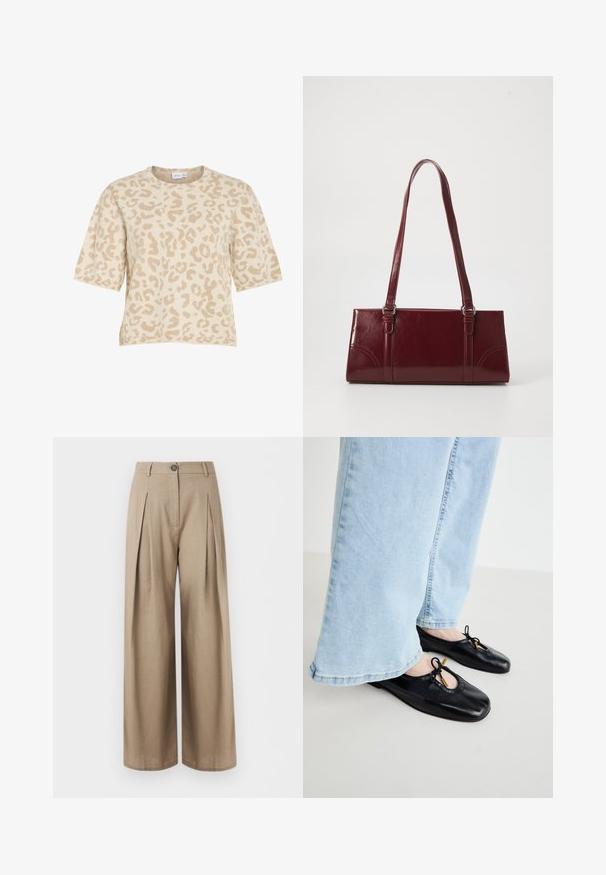 Beige kortærmet striktrøje med lyst brunt leopardmønster og rund halsudskæring.; Beige vidde bukser med for-pressedur, knaplukning, bæltestropper og en glat stoffinish, vist mod en hvid baggrund.; Sorte læder balletflade med rund tå, der har udskæringer og sløjfekvaster, båret med lyseblå viddejeans.; Bordeaux håndtaske lavet af glansfuldt materiale, rektangulær form, med to skulderremme og subtile buede detaljer på forsiden.